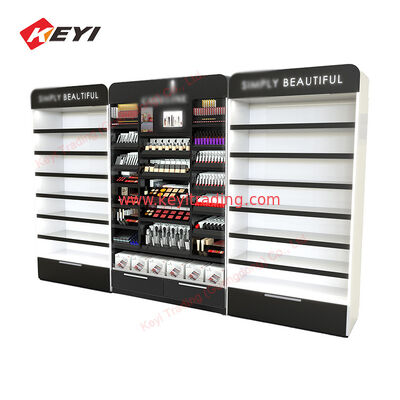 Gabinete de exhibición cosmético de los estantes de la pared de madera de encargo y escaparate de la pared de exhibición del maquillaje para la tienda cosmética del salón