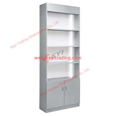Estante de exhibición de tiendas minoristas de color blanco con luz LED MDF cabina comercial de madera diseño OEM con tamaño pantalla de perfume cosmético