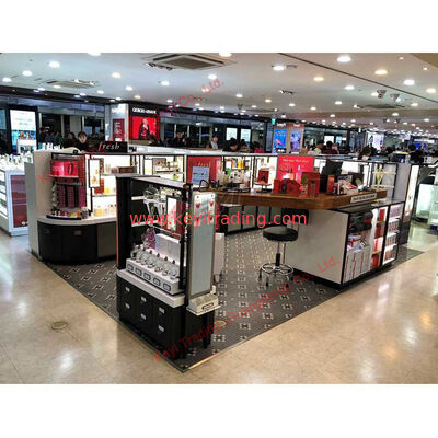 Venta al por menor de lujo personalizado tienda de maquillaje negro exhibiciones acrílico cosmético stand de exhibición y gabinete