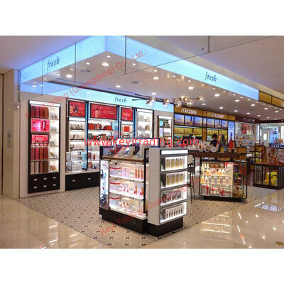 Venta al por menor de lujo personalizado tienda de maquillaje negro exhibiciones acrílico cosmético stand de exhibición y gabinete