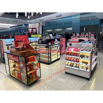 Venta al por menor de lujo personalizado tienda de maquillaje negro exhibiciones acrílico cosmético stand de exhibición y gabinete