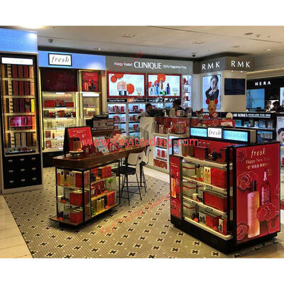 Venta al por menor de lujo personalizado tienda de maquillaje negro exhibiciones acrílico cosmético stand de exhibición y gabinete
