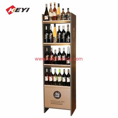 Estante de exhibición de botellas de vino de madera en el piso de la tienda minorista de bebidas a medida