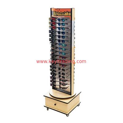 Soporte de exhibición giratorio de madera de doble cara para gafas de sol con cajón de almacenamiento