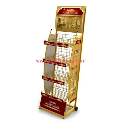 Display de piso de metal para rack de bocadillos OEM POP - 4 estanterías de alambre, 2 caster