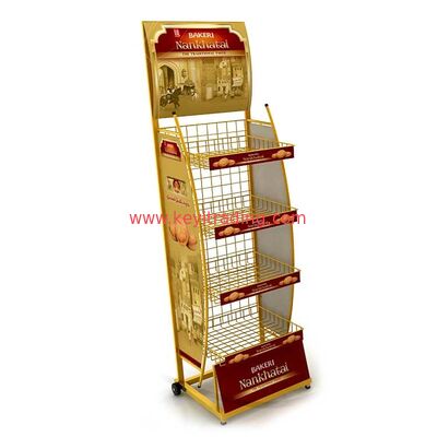 Display de piso de metal para rack de bocadillos OEM POP - 4 estanterías de alambre, 2 caster