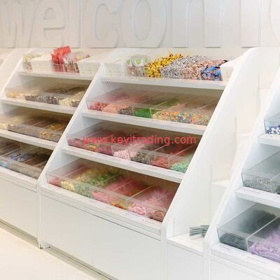 Selección de tienda de dulces y caja de acrílico del caramelo de la mezcla y exhibición de madera del caramelo a granel
