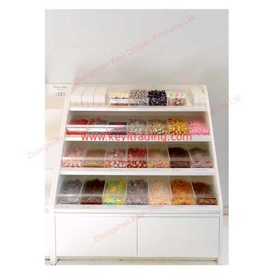 Selección de tienda de dulces y caja de acrílico del caramelo de la mezcla y exhibición de madera del caramelo a granel
