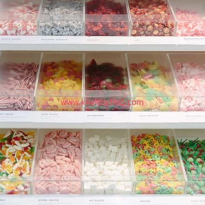 Selección de tienda de dulces y caja de acrílico del caramelo de la mezcla y exhibición de madera del caramelo a granel