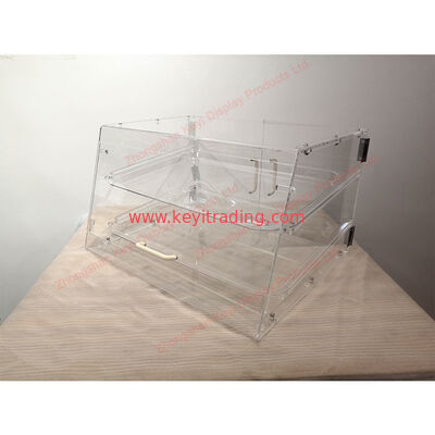 Vitrina de acrílico transparente para encimera de panadería, 2 bandejas y puerta de succión magnética