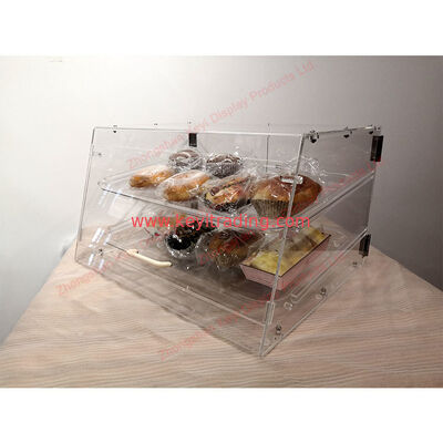 Vitrina de acrílico transparente para encimera de panadería, 2 bandejas y puerta de succión magnética