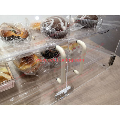 Vitrina de acrílico transparente para encimera de panadería, 2 bandejas y puerta de succión magnética