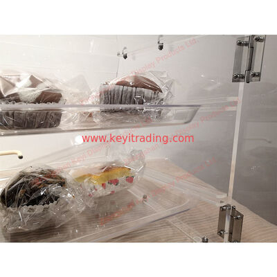 Vitrina de acrílico transparente para encimera de panadería, 2 bandejas y puerta de succión magnética