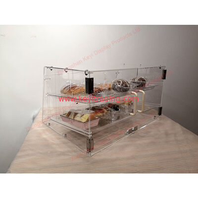 Vitrina de acrílico transparente para encimera de panadería, 2 bandejas y puerta de succión magnética