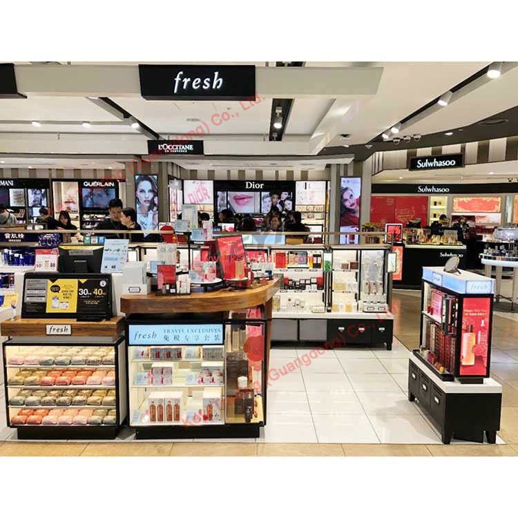 Venta al por menor de lujo personalizado tienda de maquillaje negro exhibiciones acrílico cosmético stand de exhibición y gabinete