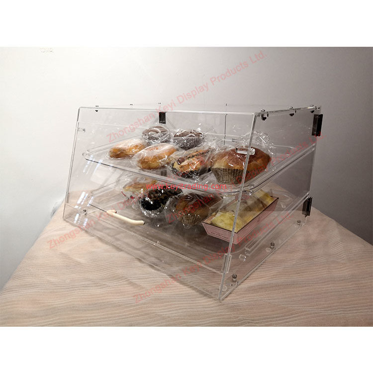 Vitrina de acrílico transparente para encimera de panadería, 2 bandejas y puerta de succión magnética