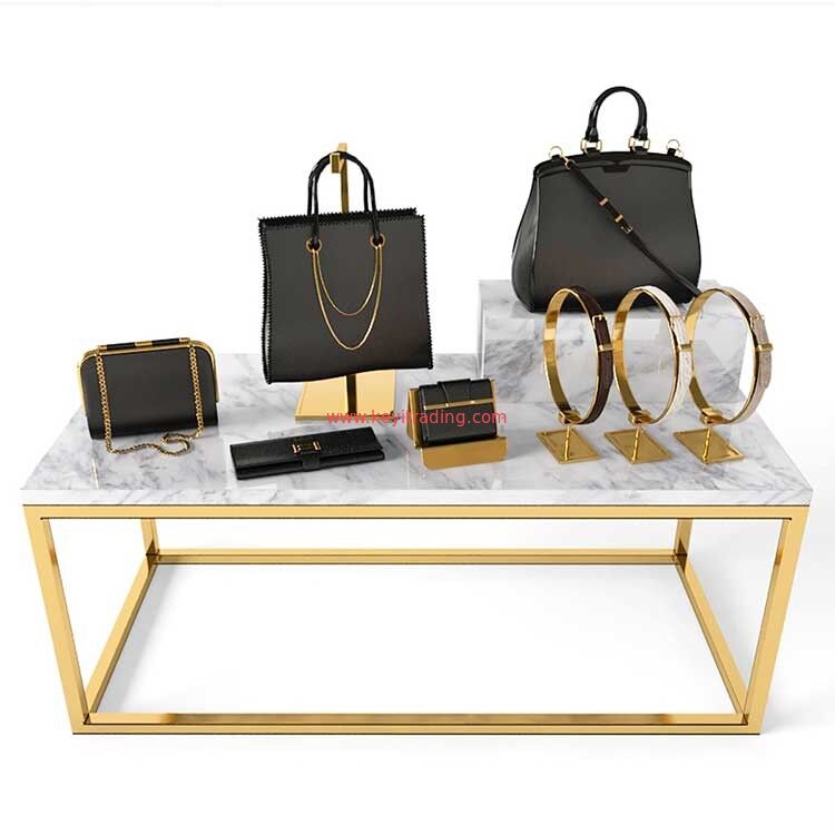 Boutique Gold Metal Frame And Marble Display Table For Handbag